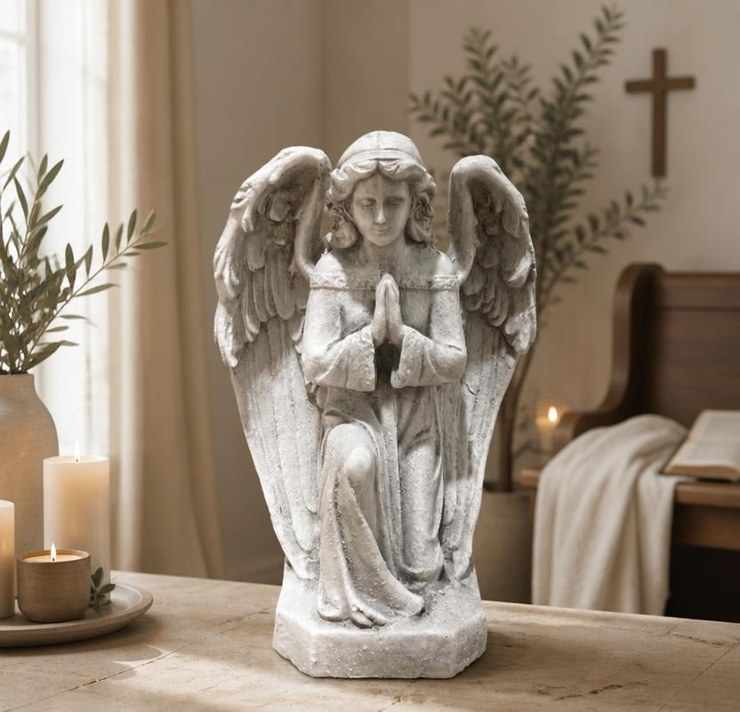 GDF Studio Praying Angel Statue - Weatherproof Magnesium Oxide Garden Figurine - Antique White and Gray, detailed praying angel statue wings and robe