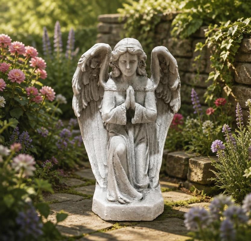 GDF Studio Praying Angel Statue - Weatherproof Magnesium Oxide Garden Figurine - Antique White and Gray, praying angel statue in antique white and gray finish