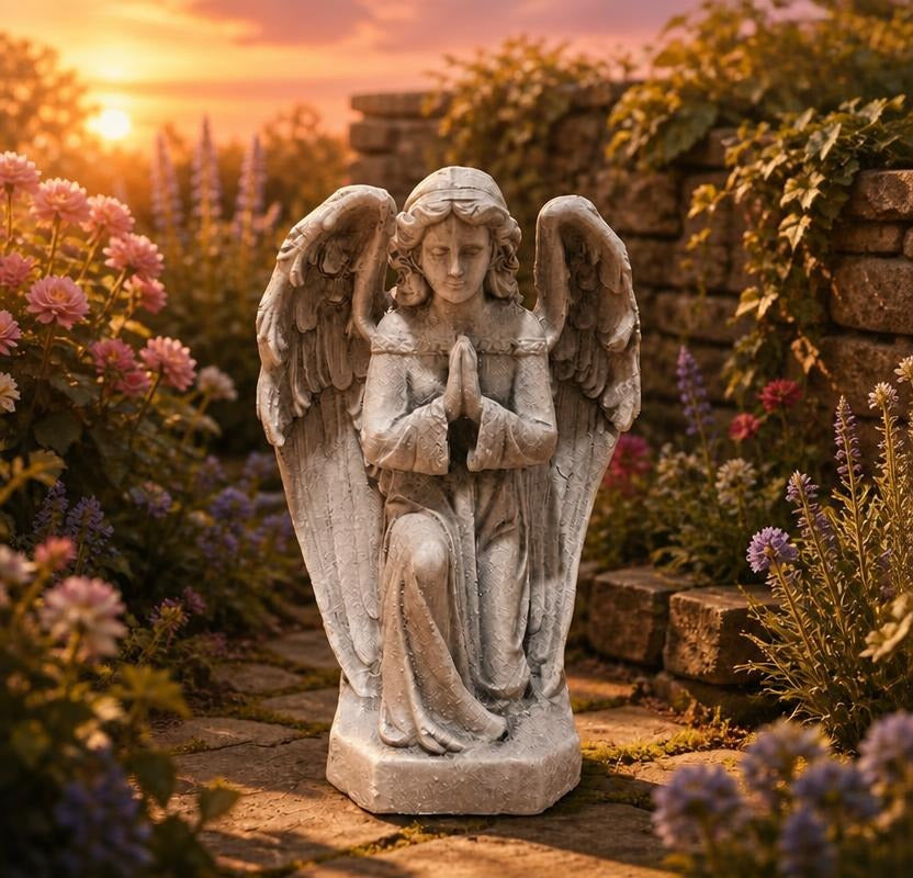 GDF Studio Praying Angel Statue - Weatherproof Magnesium Oxide Garden Figurine - Antique White and Gray, praying angel statue front view