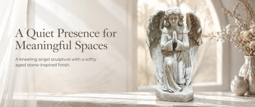 GDF Studio Praying Angel Statue - Weatherproof Magnesium Oxide Garden Figurine - Antique White and Gray, praying angel statue with detailed robes