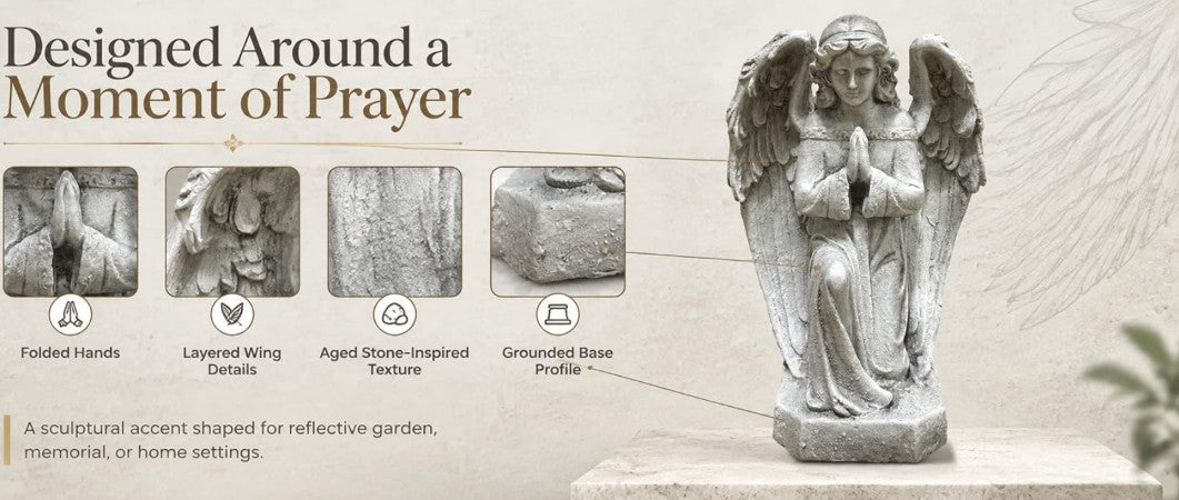 GDF Studio Praying Angel Statue - Weatherproof Magnesium Oxide Garden Figurine - Antique White and Gray, UV-resistant praying angel statue for indoor or outdoor use