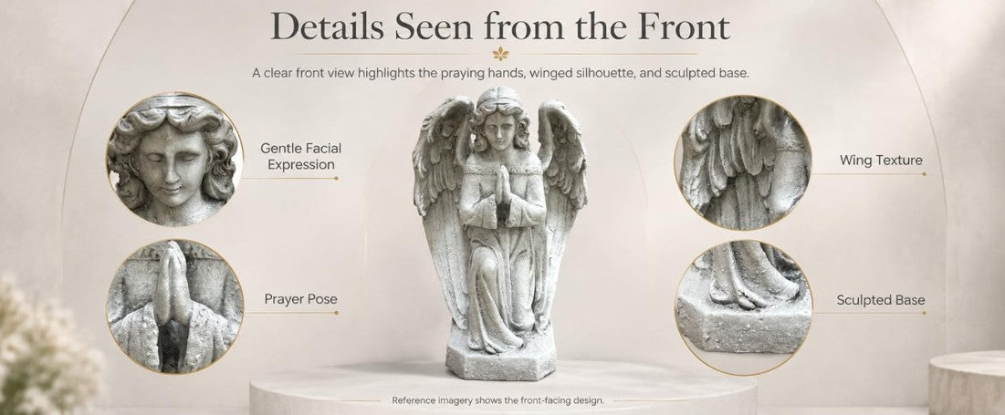 GDF Studio Praying Angel Statue - Weatherproof Magnesium Oxide Garden Figurine - Antique White and Gray, memorial praying angel statue for cemetery décor