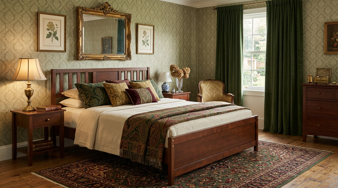 Side view of the Farmhouse Walnut Wooden Platform Bed Frame showcasing the elegant walnut wood finish and the design without a box spring.