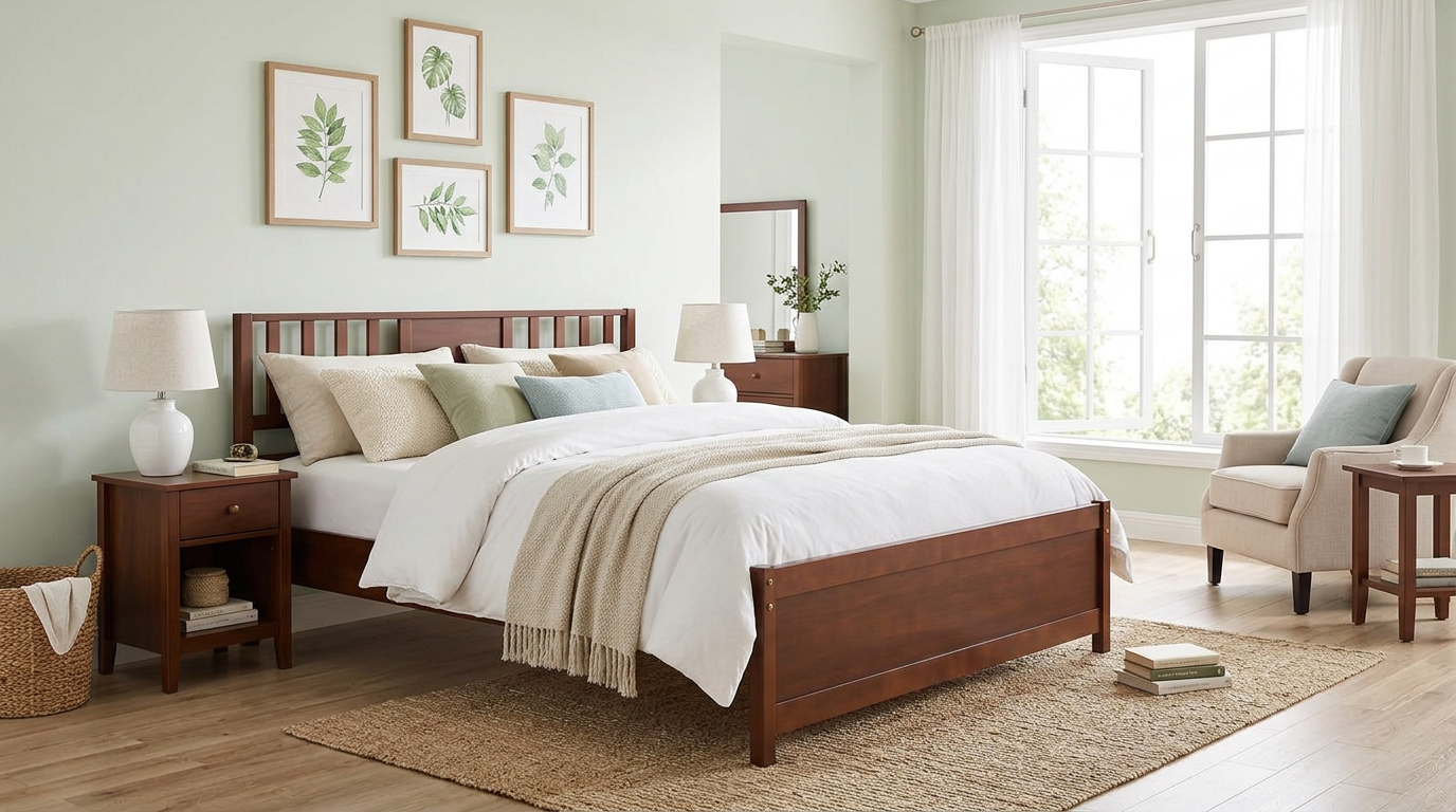 Storage bins placed under the Farmhouse Walnut Wooden Platform Bed Frame, ideal for enhancing organization with this walnut bed frame.