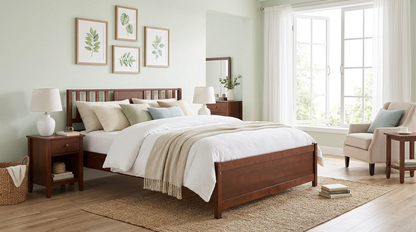 Storage bins placed under the Farmhouse Walnut Wooden Platform Bed Frame, ideal for enhancing organization with this walnut bed frame.