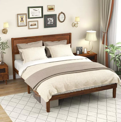 Rustic Walnut Queen Platform Bed Frame with Retro Wood Headboard, Under‑Bed Storage & Solid Wood Slats – No Box Spring Needed for Cozy Modern Bedrooms