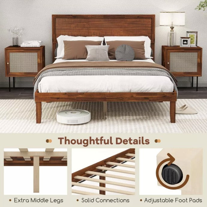Rustic Walnut Queen Platform Bed Frame with Retro Wood Headboard, Under‑Bed Storage & Solid Wood Slats – No Box Spring Needed for Cozy Modern Bedrooms