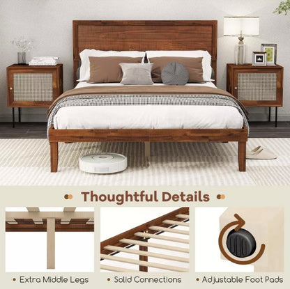 Rustic Walnut Queen Platform Bed Frame with Retro Wood Headboard, Under‑Bed Storage & Solid Wood Slats – No Box Spring Needed for Cozy Modern Bedrooms