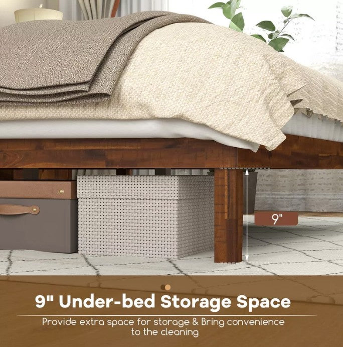 Rustic Walnut Queen Platform Bed Frame with Retro Wood Headboard, Under‑Bed Storage & Solid Wood Slats – No Box Spring Needed for Cozy Modern Bedrooms