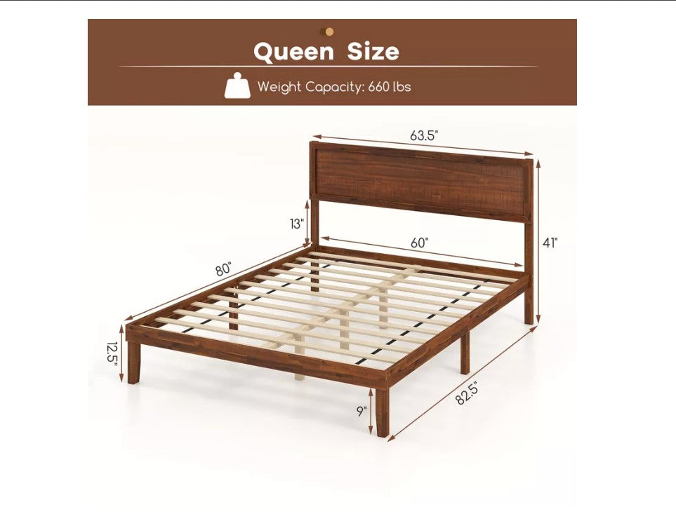 Rustic Walnut Queen Platform Bed Frame with Retro Wood Headboard, Under‑Bed Storage & Solid Wood Slats – No Box Spring Needed for Cozy Modern Bedrooms