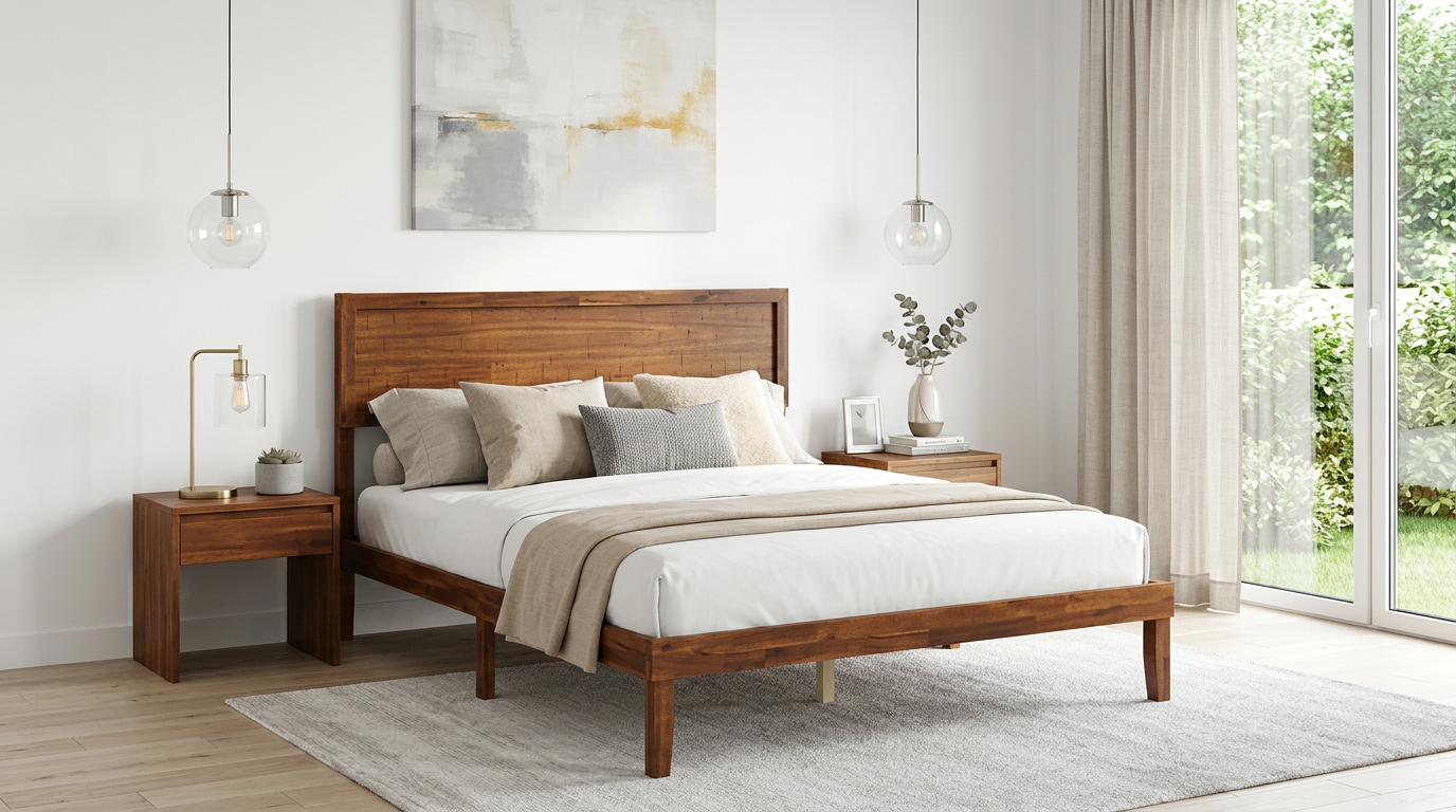 Rustic Walnut Queen Platform Bed Frame with Retro Wood Headboard, Under‑Bed Storage & Solid Wood Slats – No Box Spring Needed for Cozy Modern Bedrooms