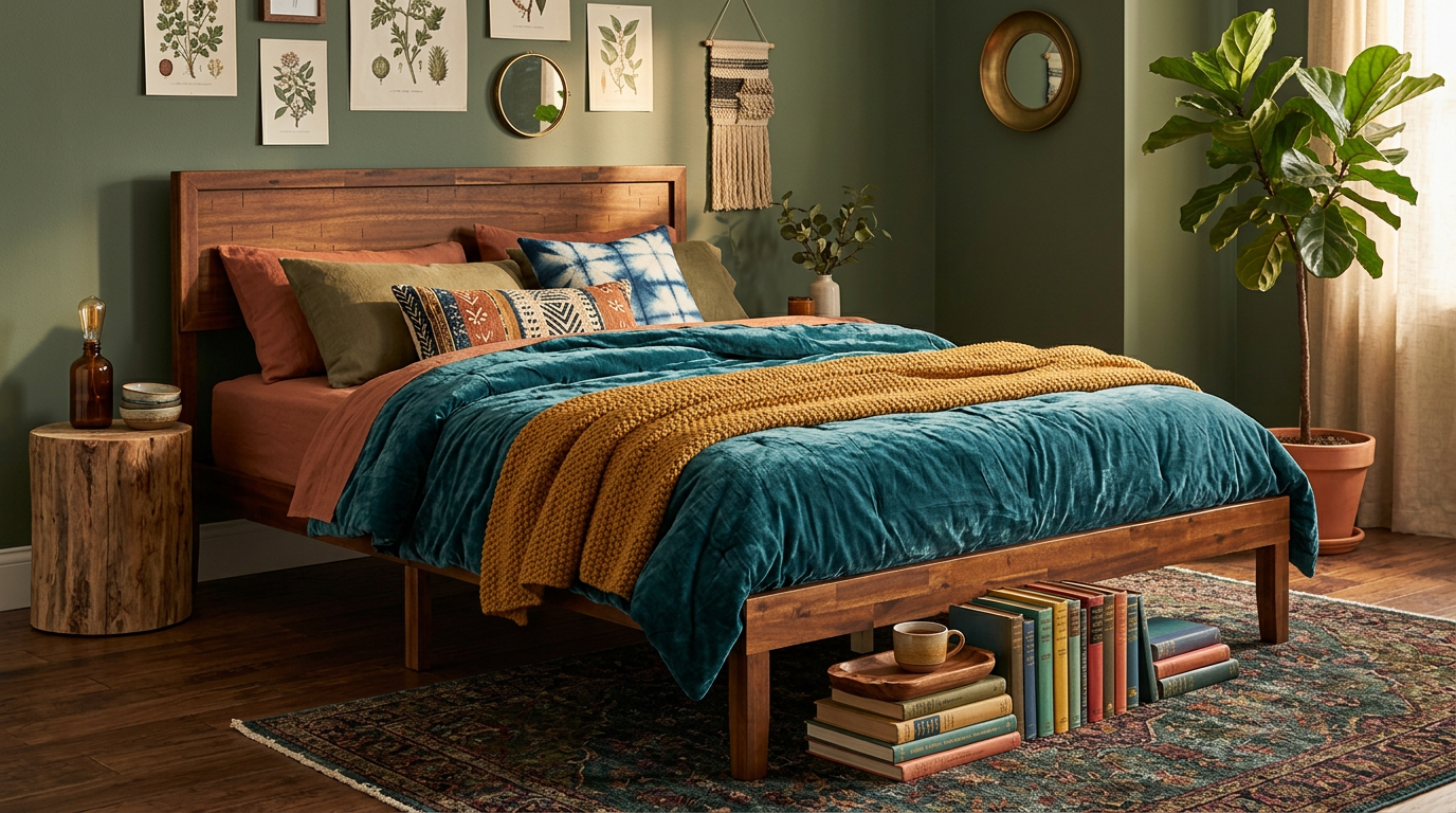 Rustic Walnut Queen Platform Bed Frame with Retro Wood Headboard, Under‑Bed Storage & Solid Wood Slats – No Box Spring Needed for Cozy Modern Bedrooms