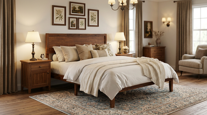 Rustic Walnut Queen Platform Bed Frame with Retro Wood Headboard, Under‑Bed Storage & Solid Wood Slats – No Box Spring Needed for Cozy Modern Bedrooms