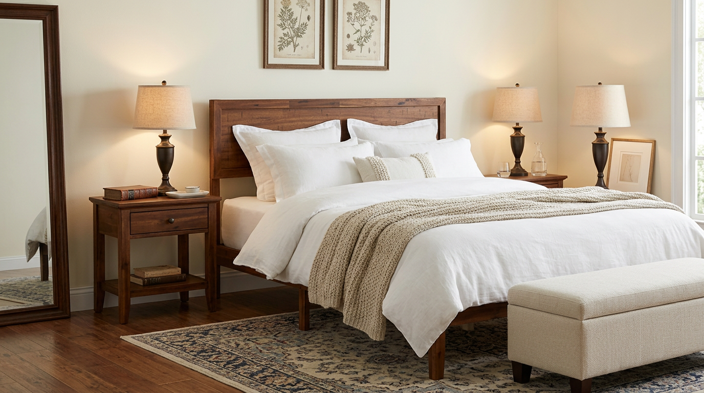 Rustic Walnut Queen Platform Bed Frame with Retro Wood Headboard, Under‑Bed Storage & Solid Wood Slats – No Box Spring Needed for Cozy Modern Bedrooms