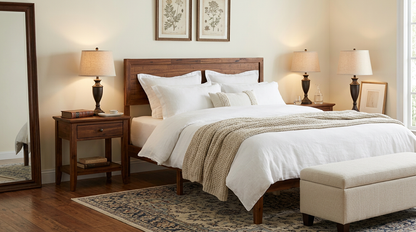 Rustic Walnut Queen Platform Bed Frame with Retro Wood Headboard, Under‑Bed Storage & Solid Wood Slats – No Box Spring Needed for Cozy Modern Bedrooms