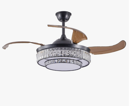 The 48” Modern Black Retractable Ceiling Fan with Crystal LED Light paired with neutral decor.