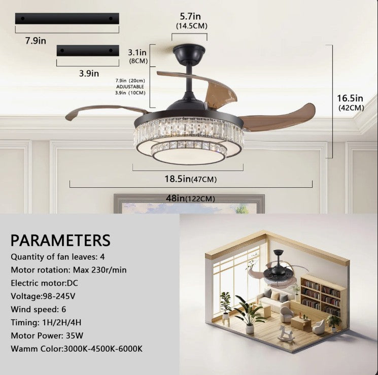 Dimmable features of the 48” Modern Black Retractable Ceiling Fan with LED Light on display.