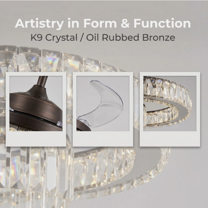 The modern design of the 48” Black Retractable Ceiling Fan integrated with a crystal light.