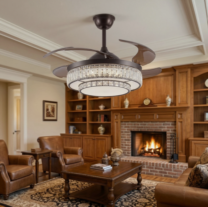 Installation of the 48” Modern Black Retractable Ceiling Fan within an elegant room setting.