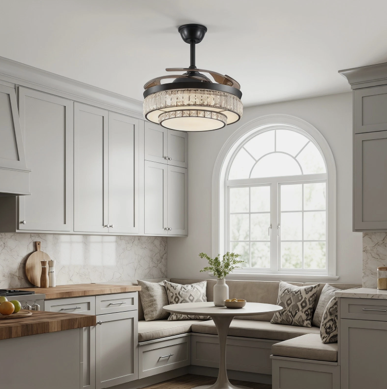 48” Modern Black Retractable Ceiling Fan with Crystal LED Light installed in a modern decor.