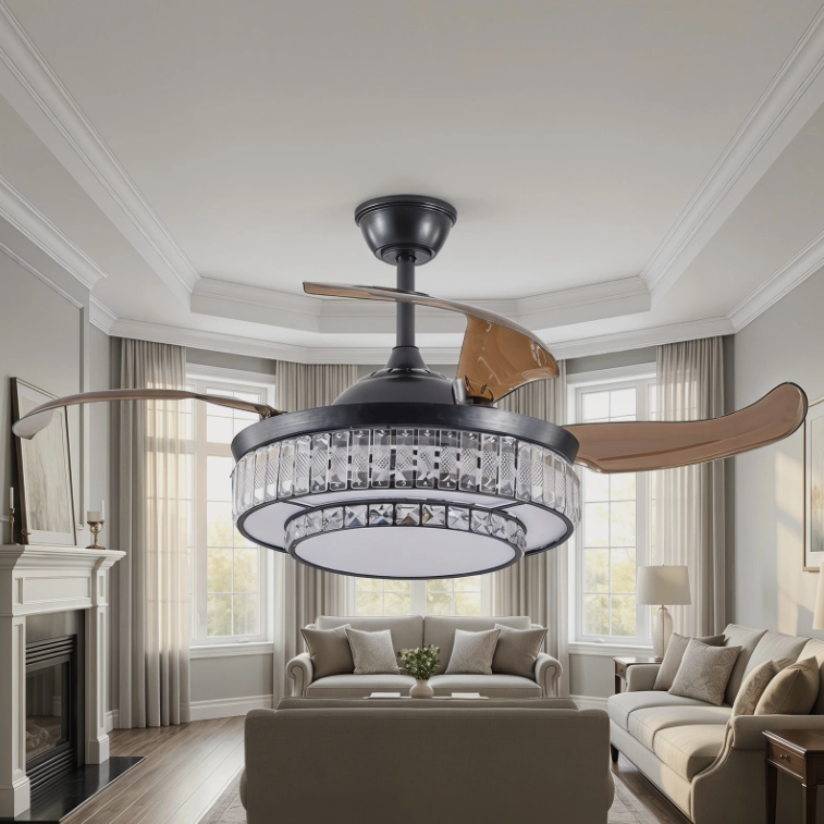 Remote control for easy operation of the 48” Modern Black Retractable Ceiling Fan with LED Light.