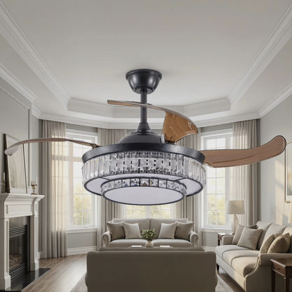 Remote control for easy operation of the 48” Modern Black Retractable Ceiling Fan with LED Light.