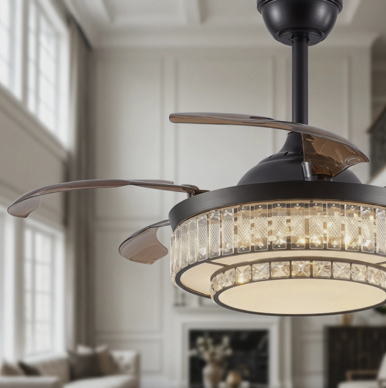 The elegant crystal design of the 48” Modern Black Retractable Ceiling Fan with LED Light.