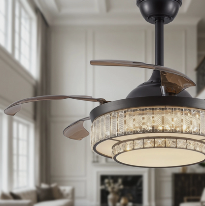 The elegant crystal design of the 48” Modern Black Retractable Ceiling Fan with LED Light.