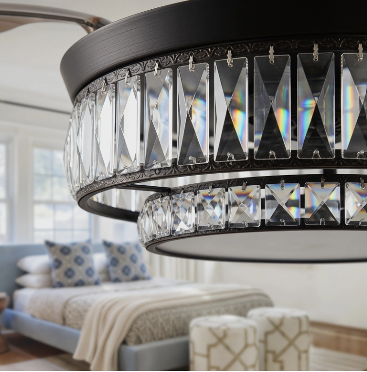 Ambient light showcased by the 48” Modern Black Retractable Ceiling Fan with Crystal LED Light.