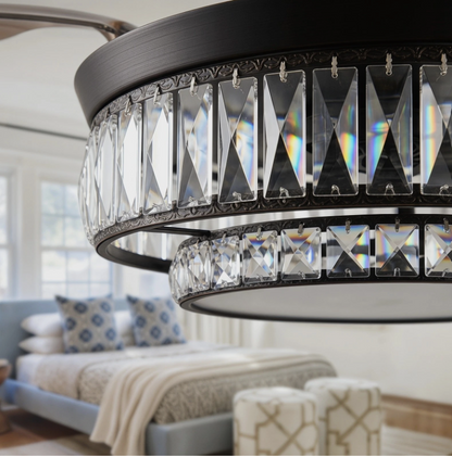 Ambient light showcased by the 48” Modern Black Retractable Ceiling Fan with Crystal LED Light.
