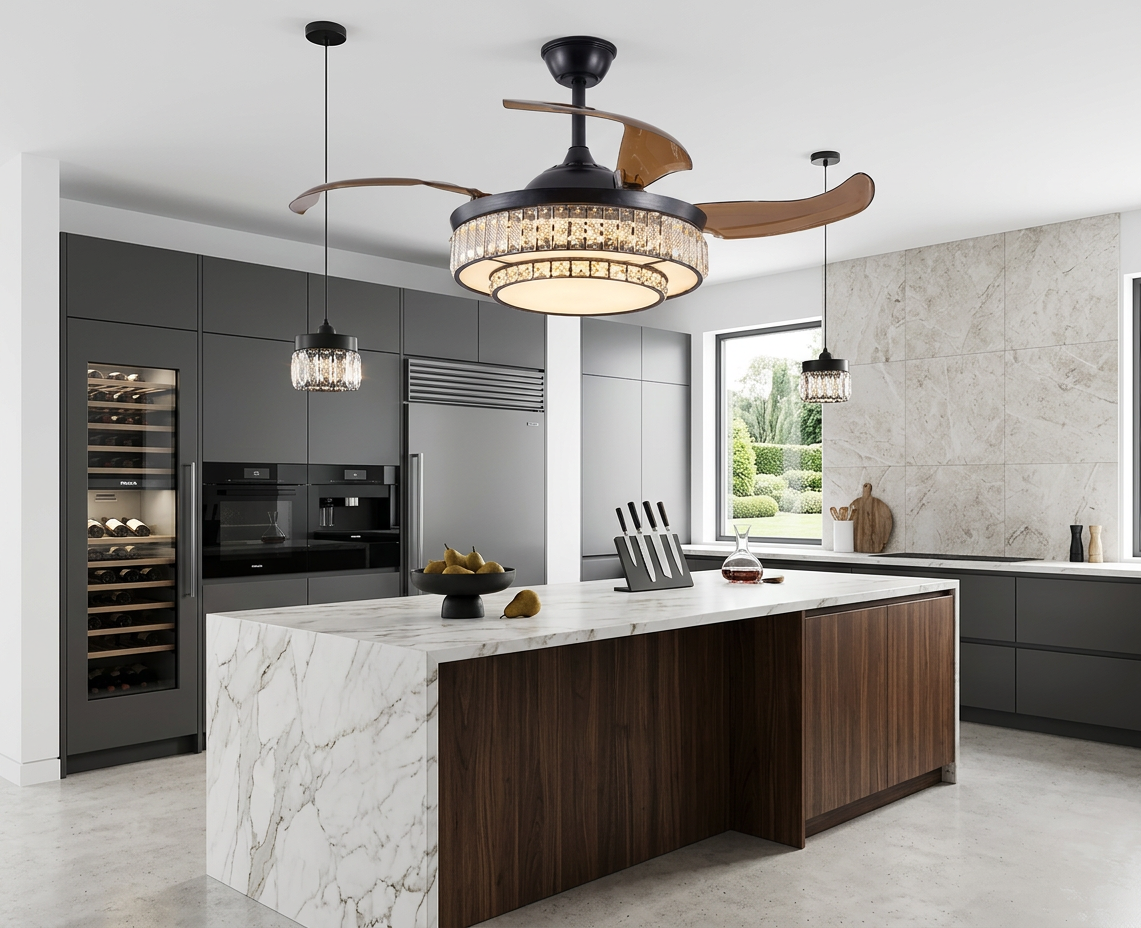 The 48” Modern Black Retractable Ceiling Fan showing retractable blades in a dining room.