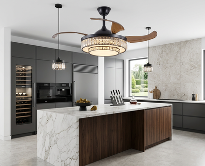 The 48” Modern Black Retractable Ceiling Fan showing retractable blades in a dining room.