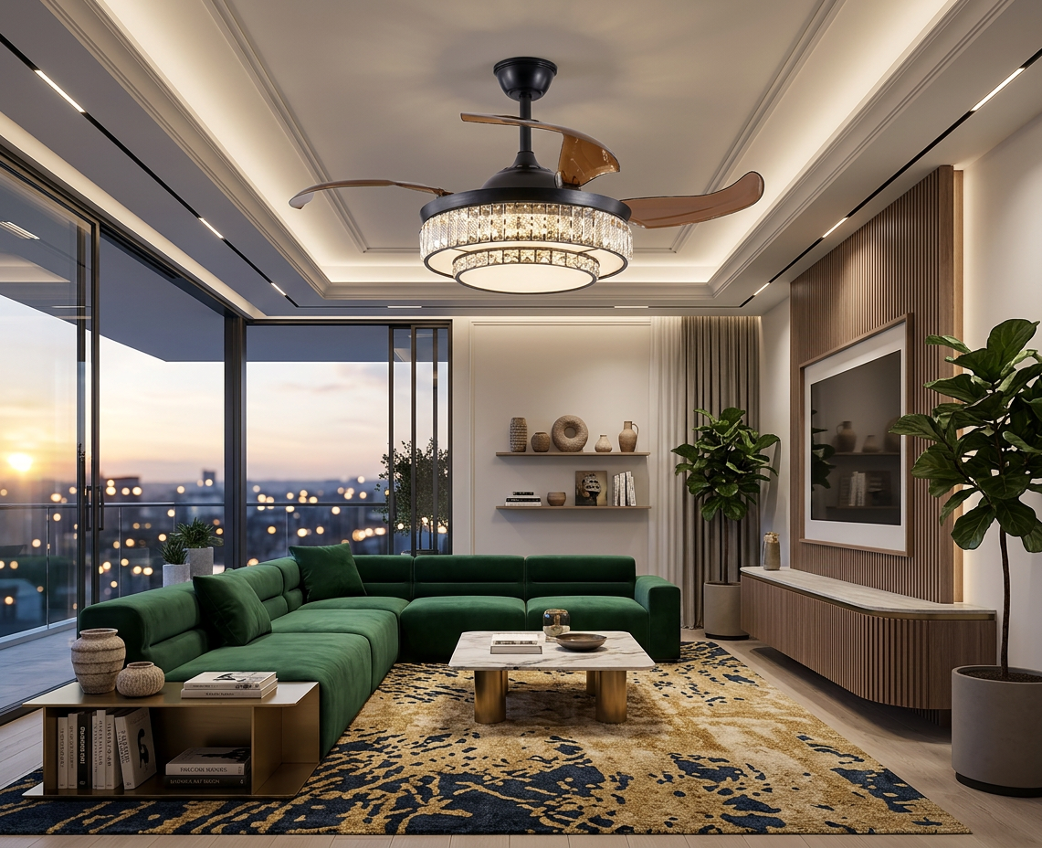 Energy-efficient DC motor of the 48” Modern Black Retractable Ceiling Fan with LED Light.