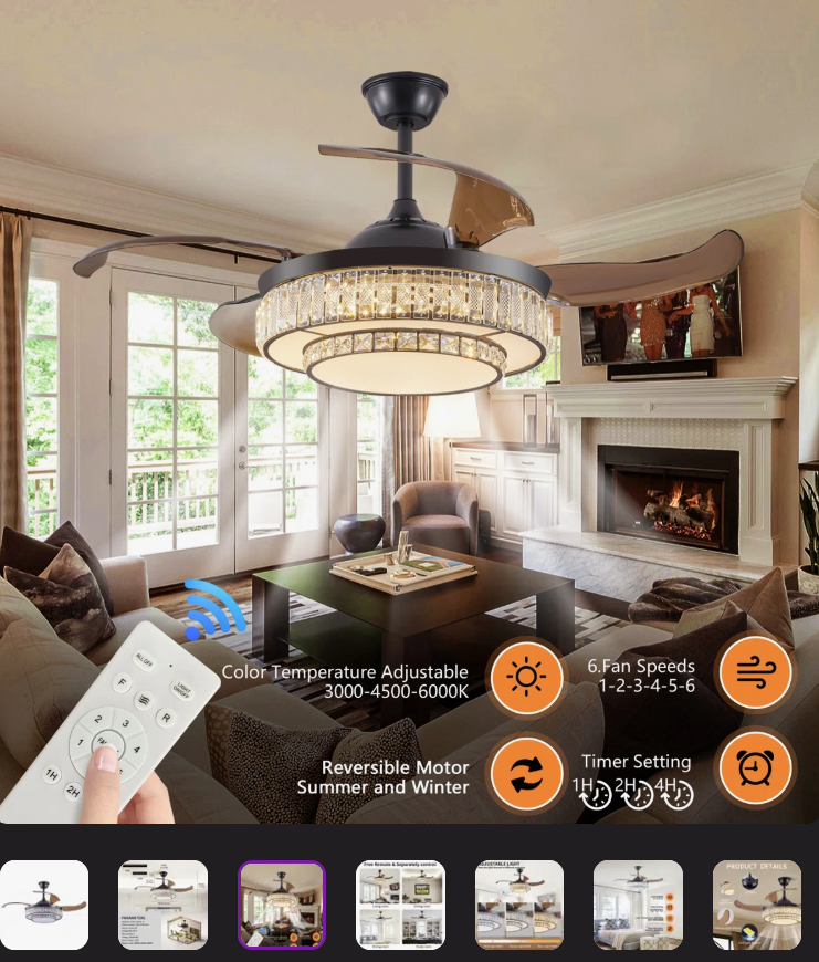 The 48” Modern Black Retractable Ceiling Fan showcasing its sleek blades in action.