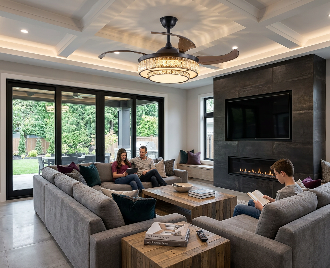 Overview of the 48” Modern Black Retractable Ceiling Fan with Crystal LED Light in a stylish lounge.