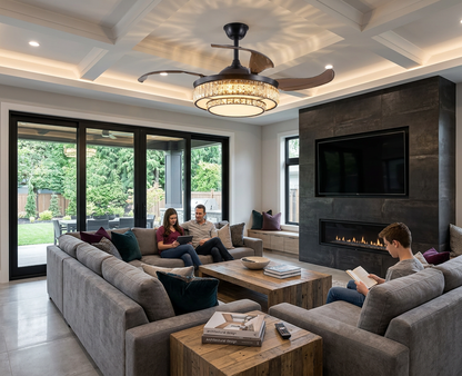 Overview of the 48” Modern Black Retractable Ceiling Fan with Crystal LED Light in a stylish lounge.