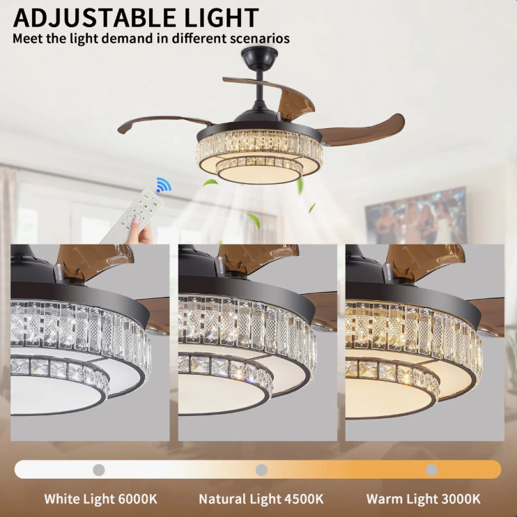 The lighting options available with the 48” Modern Black Retractable Ceiling Fan with Crystal LED Light.