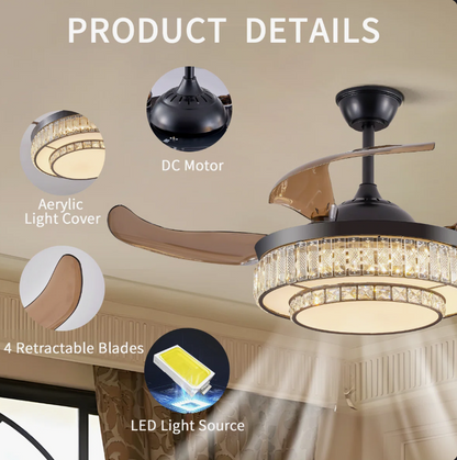 48” Modern Black Retractable Ceiling Fan with elegant crystal accents featured in living spaces.