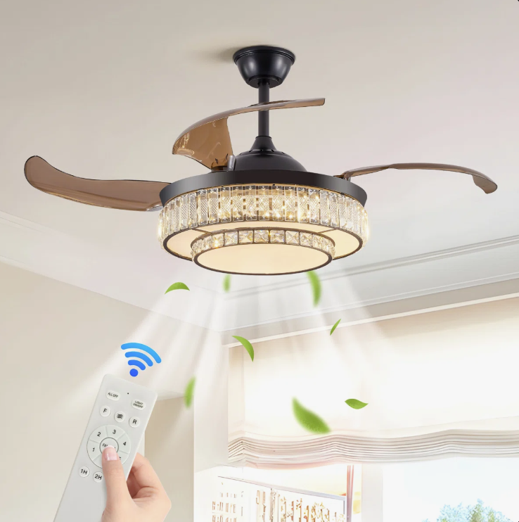 The unique retractable feature of the 48” Modern Black Ceiling Fan in a home setting.