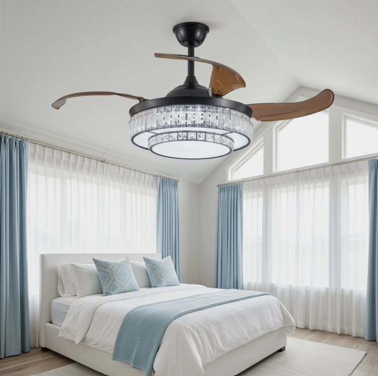 The powerful airflow of the 48” Modern Black Retractable Ceiling Fan operating in a stylish nook.