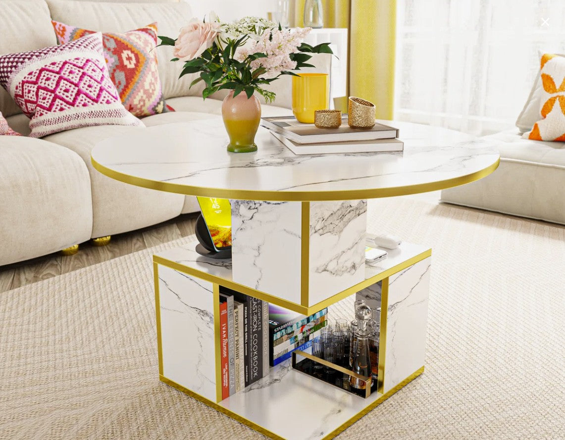 Modern luxury 30” Round Marble Coffee Table with open shelving, designed for effortless organization and stylish decor for small apartments.