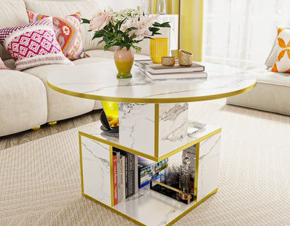 Modern luxury 30” Round Marble Coffee Table with open shelving, designed for effortless organization and stylish decor for small apartments.