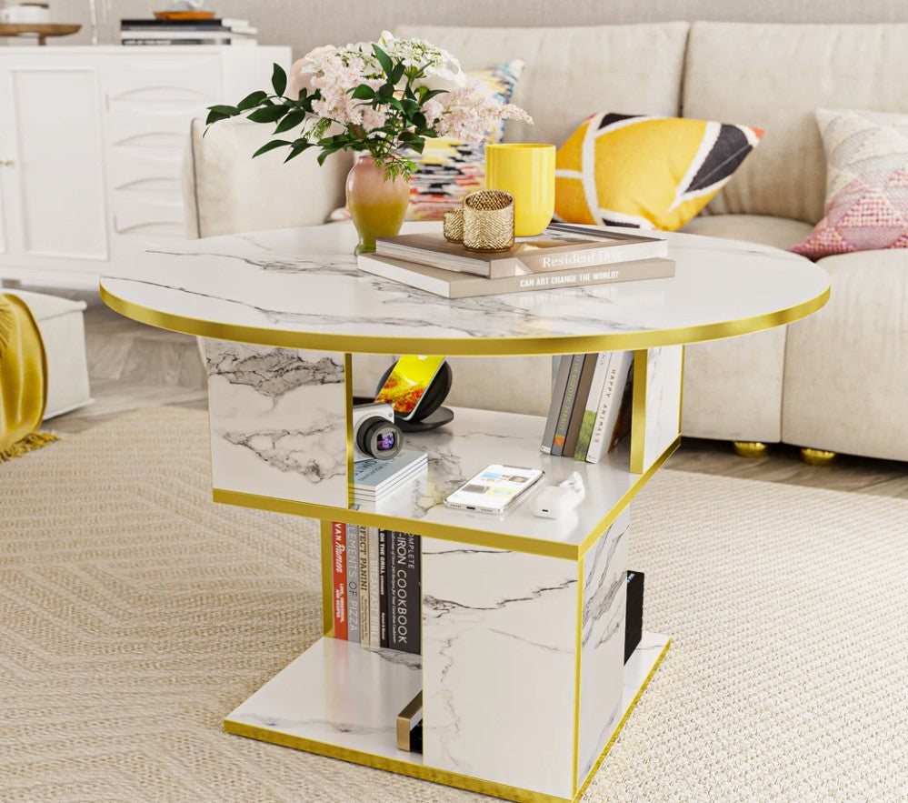 30” Round Marble Coffee Table with textured detailing and gold accents, ideal for elevating the aesthetic of small living spaces.