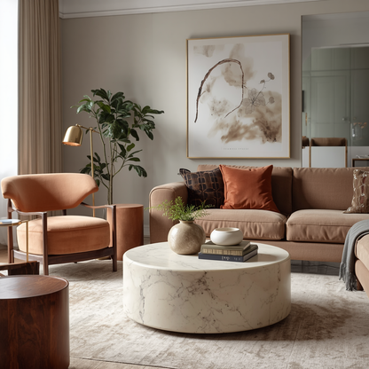 Stylish round faux marble coffee table set for entertaining, reflecting a luxury aesthetic.