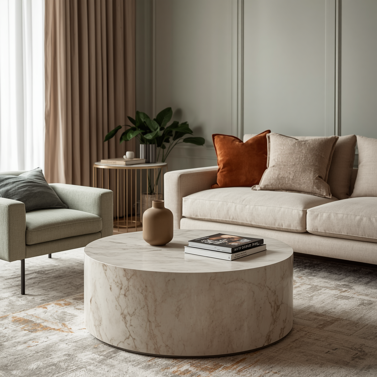 Elegant living room featuring the round faux marble coffee table, a center of attraction.