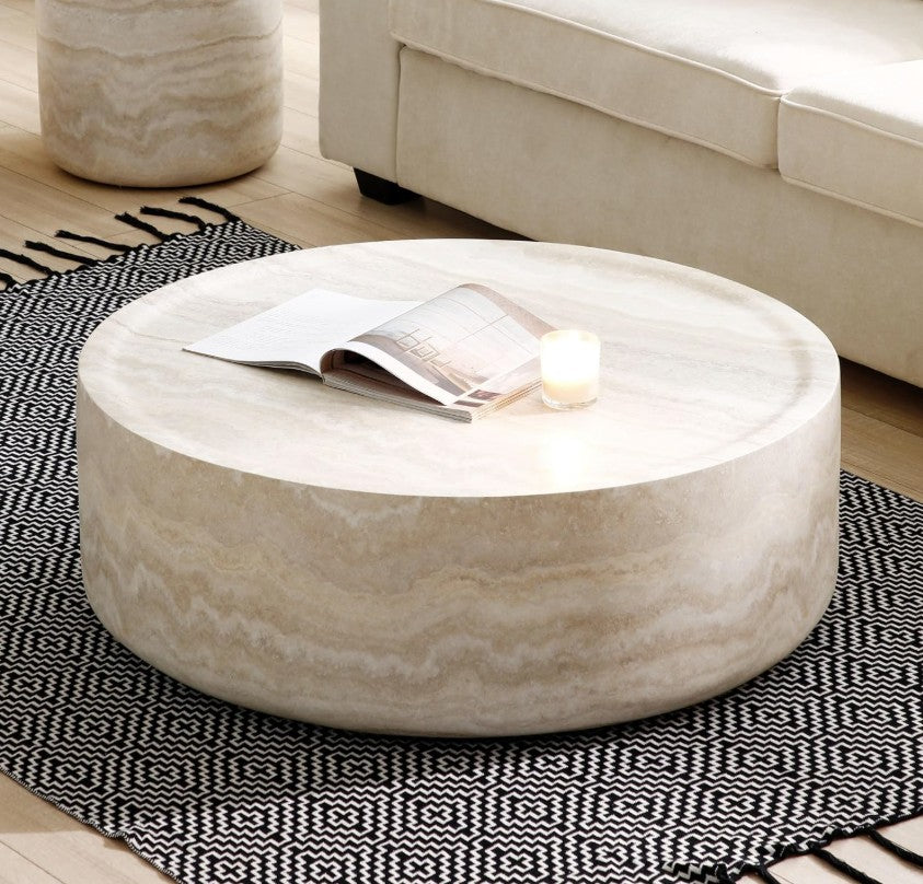Faux marble coffee table with a low profile design, ideal for open sight lines in rooms.