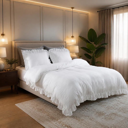 Queen White Microfiber Ruffle Duvet Cover Set, 3-Piece featuring a white ruffle duvet cover on a neatly styled bed