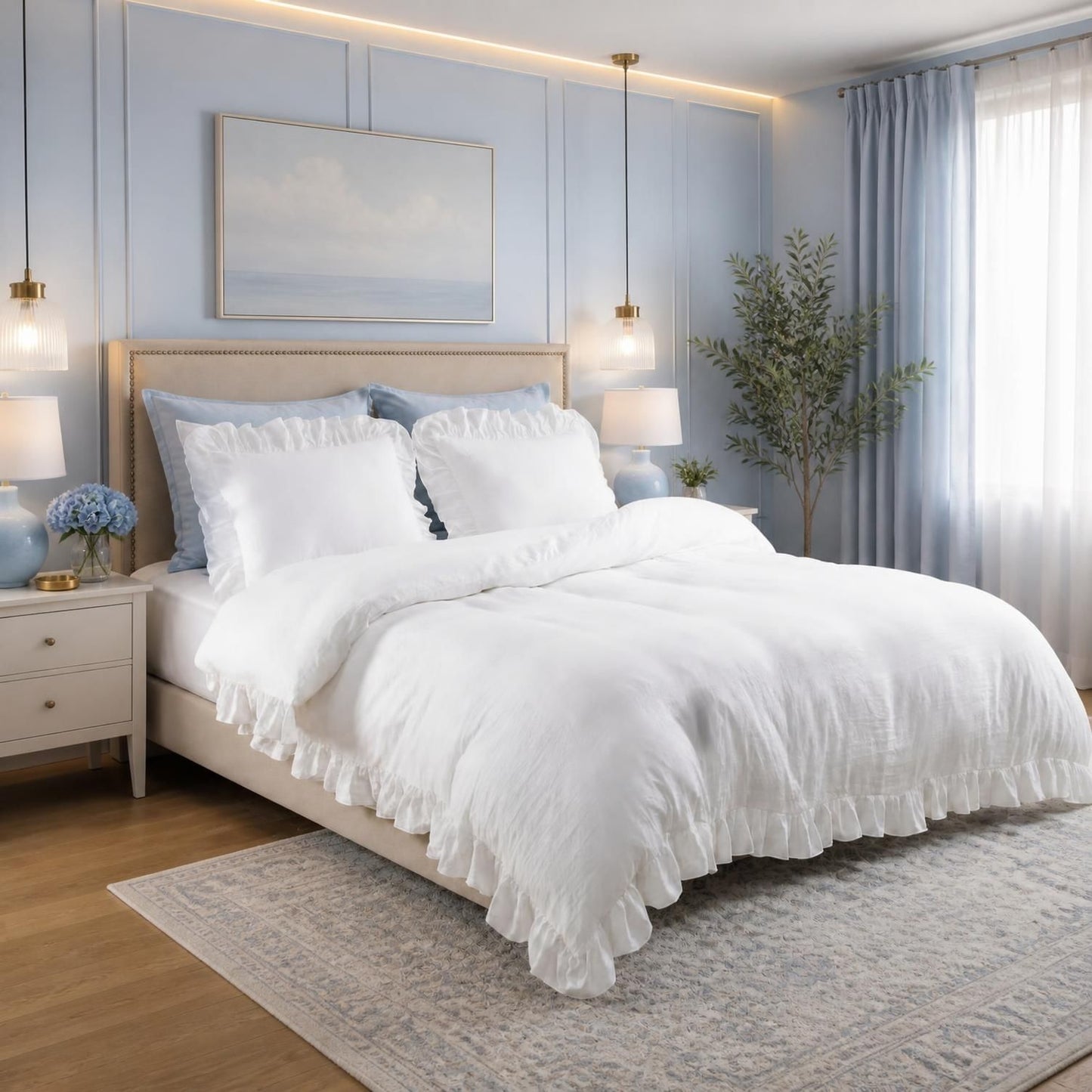 Queen White Microfiber Ruffle Duvet Cover Set, 3-Piece styled with neutral bedding for a soft farmhouse bedroom look and white ruffle duvet cover