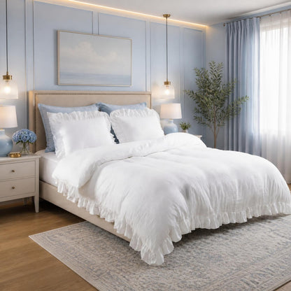Queen White Microfiber Ruffle Duvet Cover Set, 3-Piece styled with neutral bedding for a soft farmhouse bedroom look and white ruffle duvet cover
