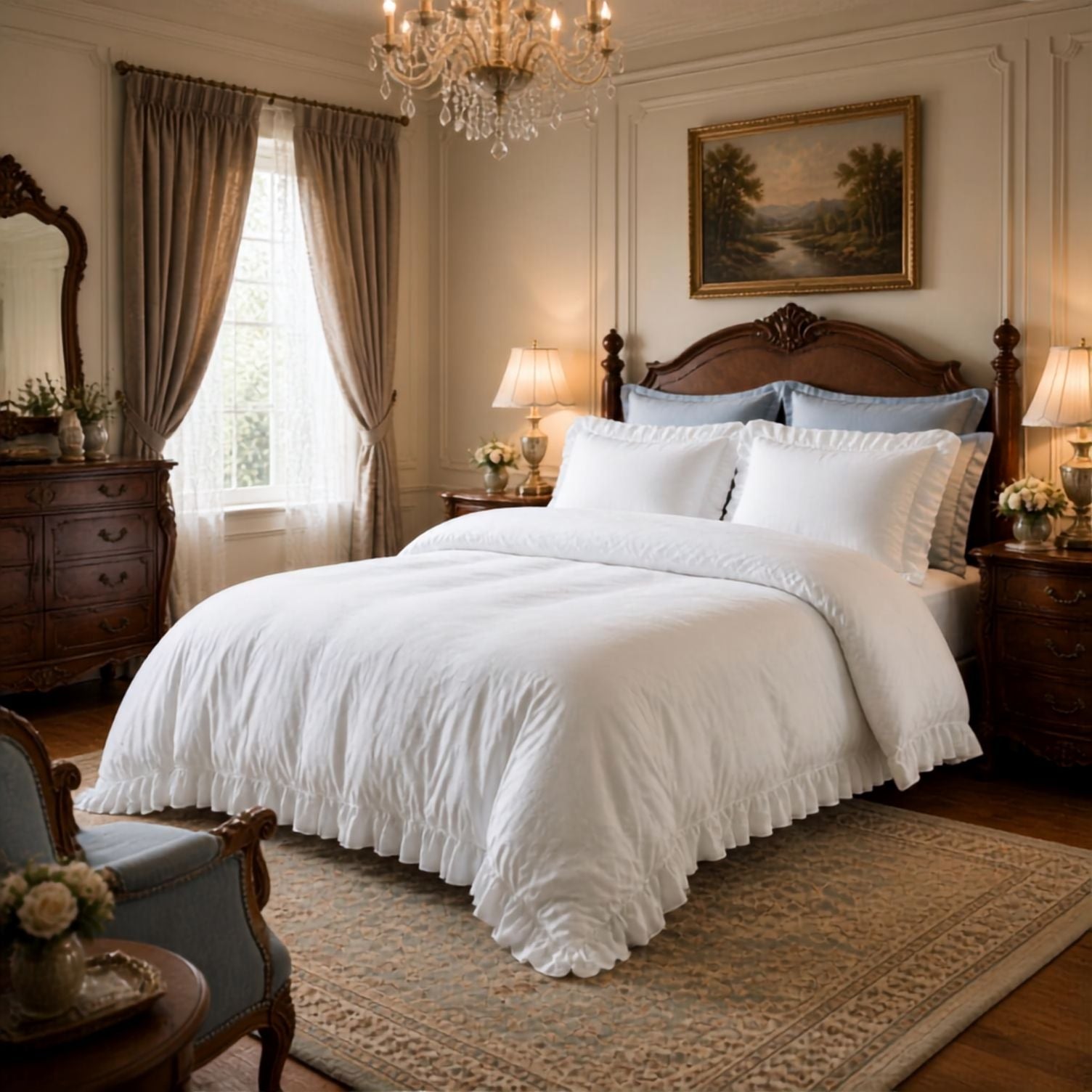 Queen White Microfiber Ruffle Duvet Cover Set, 3-Piece complete white ruffle duvet cover bedding set for a cozy romantic bedroom